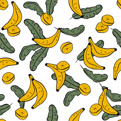 Tropical seamless pattern with yellow bananas and leaves on a white background. Ideal for fabric, textile, wallpaper, prints, scrapbooking, wrapping paper, invitation and party decoration