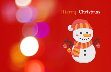 Fototapeta na wymiar Snowman with Santa hat and bokeh background. Christmas card with text 'Merry Christmas'.