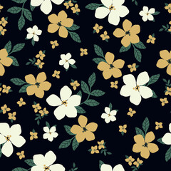 Simple vintage pattern. white and yellow flowers , green leaves. black  background. Fashionable print for textiles and wallpaper.