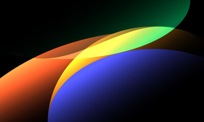 Abstract colorful geometric curve shapes on black background.