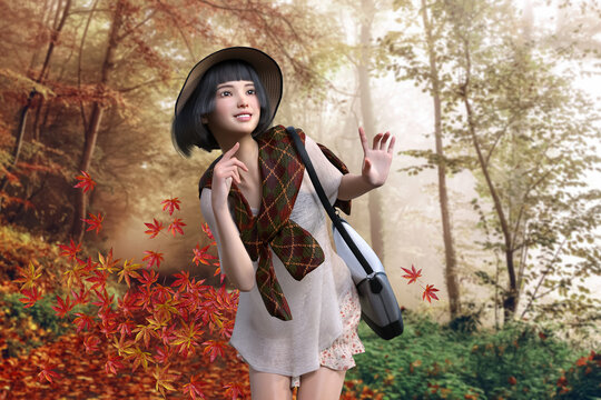 秋に紅葉を見に観光する女性の旅行者が綺麗に色づく紅葉を背景に感動しているイラスト