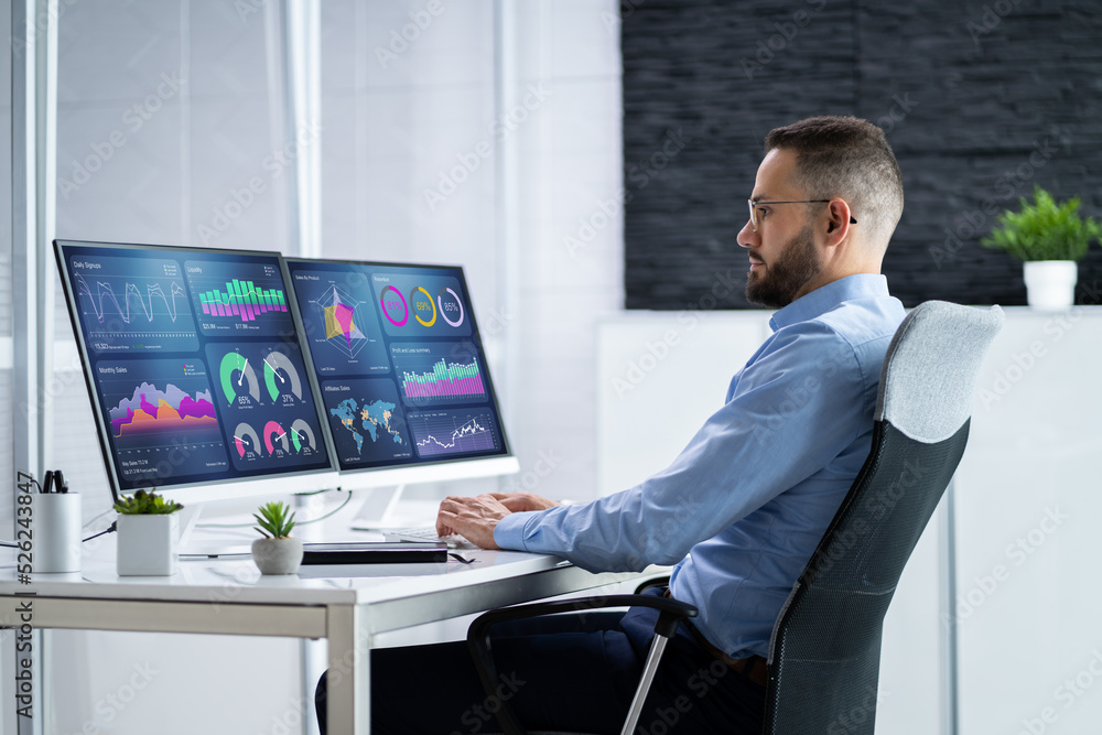Poster Businessman Using Analytics Data KPI Dashboard