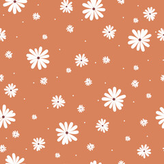 Simple vintage pattern. white flowers and dots. orange background. Fashionable print for textiles and wallpaper.