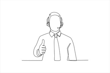 Single one line drawing businessman or helpline operator in headset showing thumbs up Customer service concept. Continuous line draw design graphic vector illustration.