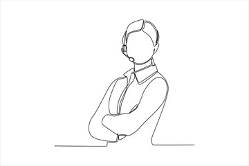 Single one line drawing beautiful woman customer service representative in headset holding her arms crossed. Customer service concept. Continuous line draw design graphic vector illustration.