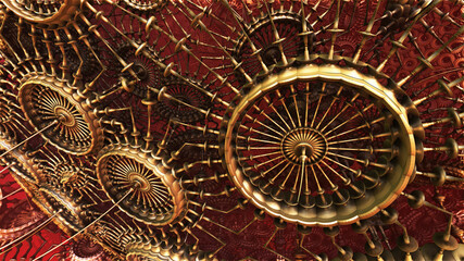 Gold construction and structures, abstract metallic fantastic shapes of ancient civilization architecture machinery and 3D structures, fictional sci fi background, 3D render illustration.