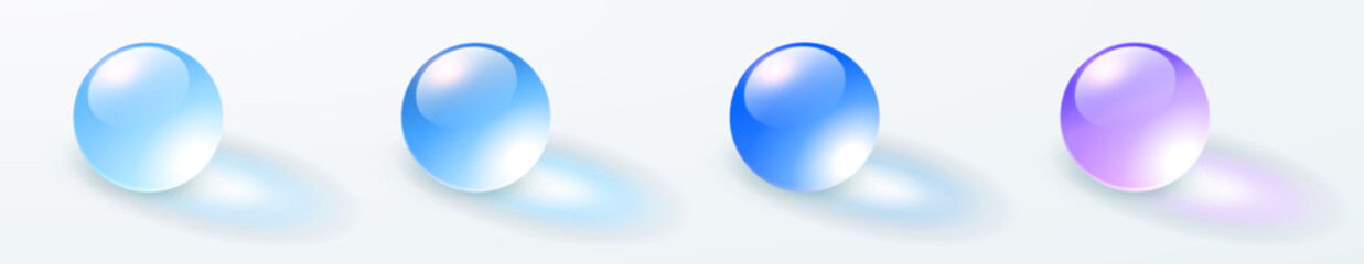 Glass transparent spheres set, multicolored shiny 3D balls