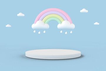 Minimal round product display podium with rainbow and rain on the sky for baby and kid in pastel tone colors. 3D rendering. - obrazy, fototapety, plakaty