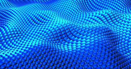 Naklejka premium Blue mosaic background, 3D waves from square metal shapes, technology abstract modern backdrop, 3D render illustration.