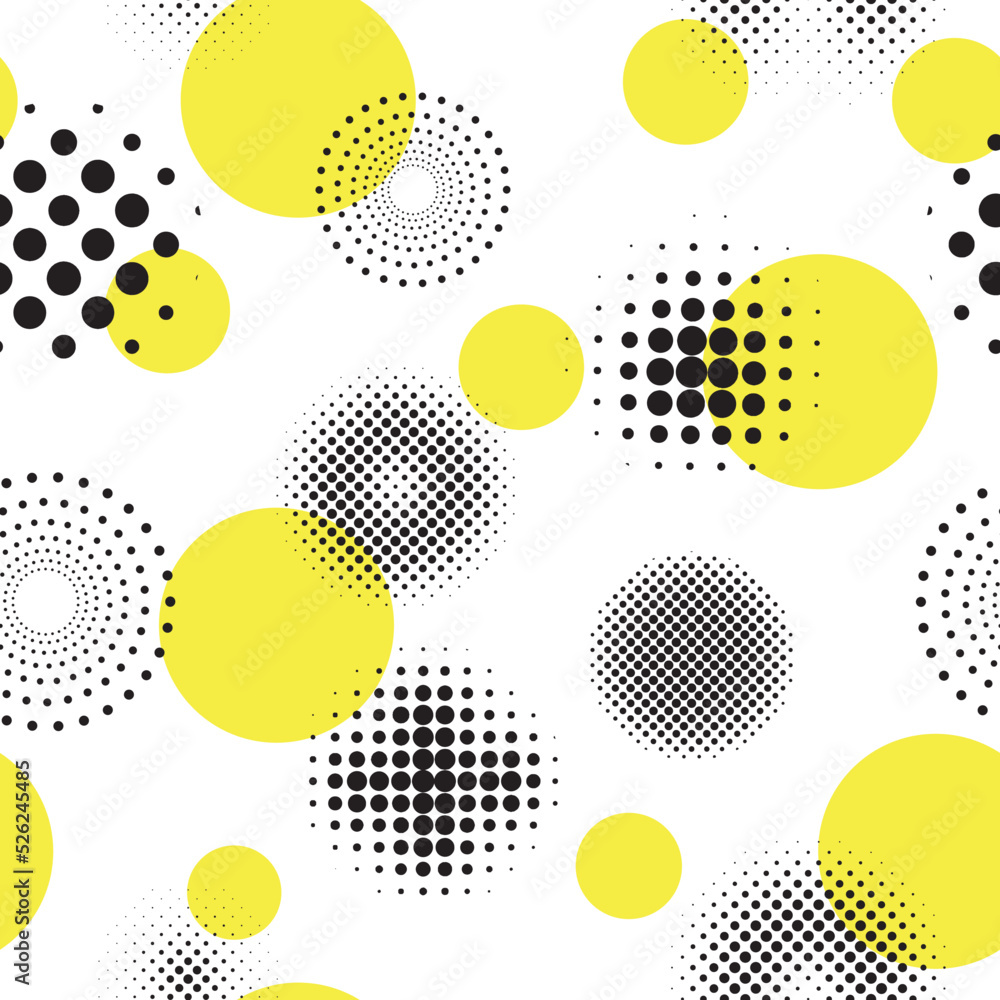 Aufkleber Circle geometry round patterns, random texture. Modern flat assorted design for fabric, irregular split, various forms, halftone shapes. Black and yellow vector seamless background