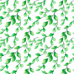 Seamless pattern of branches with green leaves. Watercolor illustration.