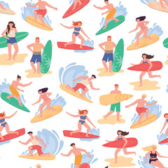 Surf pattern. Hawaii girls and boys swim in tropical beach clothers and bikini, summer people with retro wave board, man dive in miami or california. Flat vector seamless background design