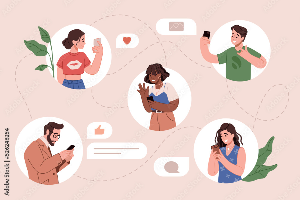 Poster people web communication. online smartphone app. young characters in social chat. users conversation