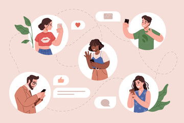 People web communication. Online smartphone app. Young characters in social chat. Users conversation. Students date. Persons send messages. Phone application. Vector cartoon illustration
