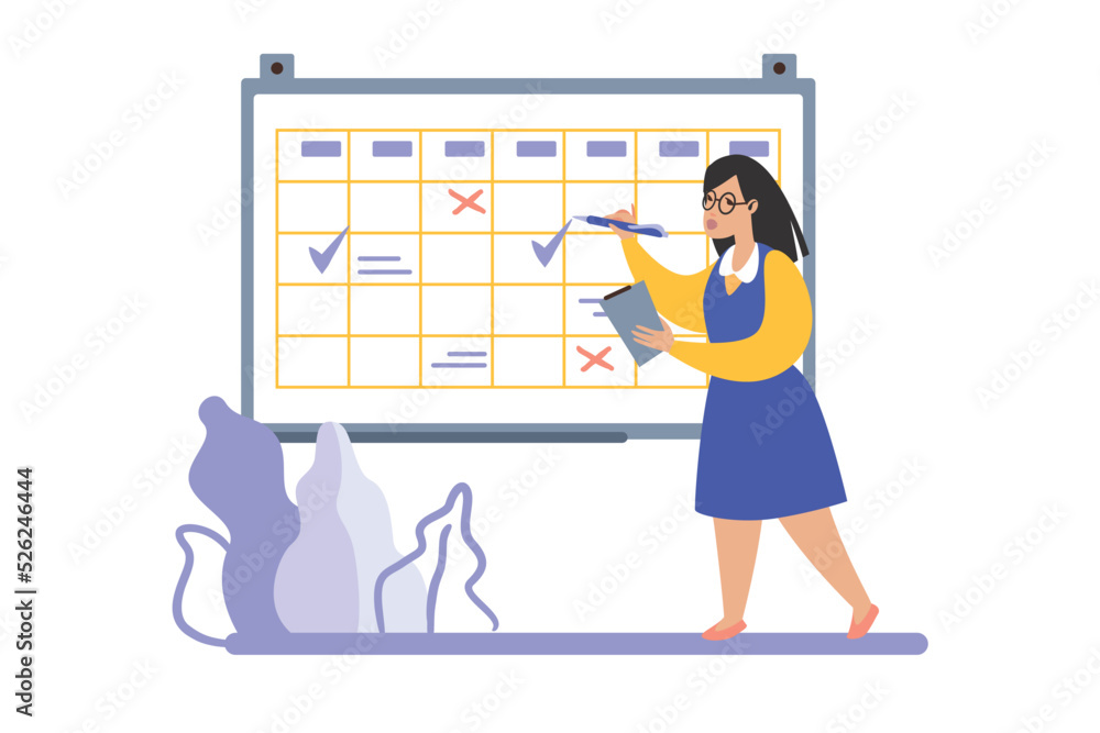 Poster Planning schedule scene. Time management. Woman organizing work goals. Calendar on whiteboard. To do list. Task priority and daytime routine. Agenda effective control. Vector concept