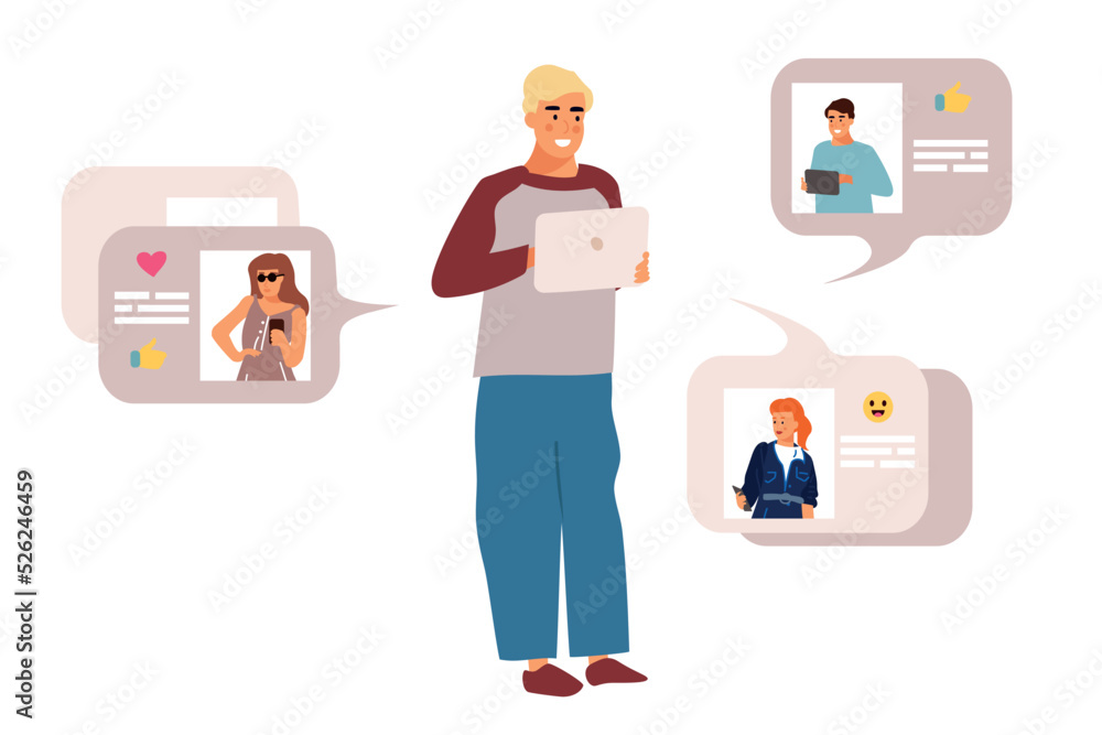 Poster People using phone. Internet communication. Web messenger. Young character with tablet. Network conversation. Group network discussion. Guy holding device. Vector man chatting online