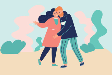 Happy family. Hugging couple. Man and pregnant woman. People expecting baby birth. People walking together in park. Girlfriend and boyfriend embracing. Romantic dating. Vector illustration