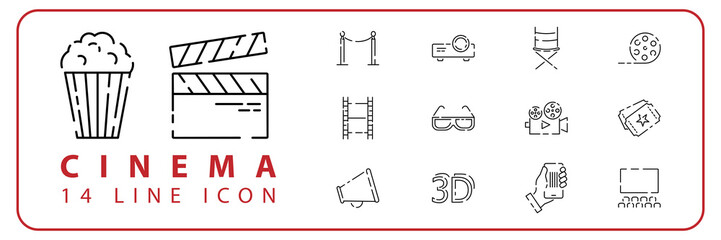 Cinema and movie entertainment related line icon set. Film and TV performance linear vector icon collection