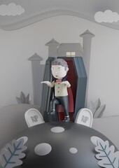 3d halloween flyer party with cute dracula out of the coffin 3d render