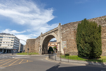 Fototapeta na wymiar Lugo, Spain. The Puerta del Obispo Odoario (Bishop Odoario Gate), part of the ancient Roman walls of the Old Town
