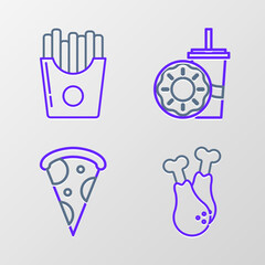 Set line Chicken leg, Slice of pizza, Paper glass with drinking straw and donut and Potatoes french fries carton package box icon. Vector