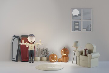 3d halloween background with cute dracula with flying candle 3d render