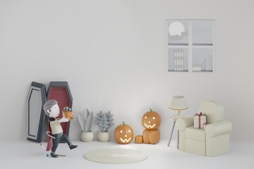 3d halloween background with cute dracula holding pumpkin 3d render