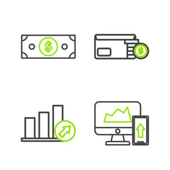 Set line Financial chart or graph on the computer monitor and mobile phone, schedule, chart, diagram, infographic, pie, Envelope coin dollar symbol and Stacks paper money cash icon. Vector