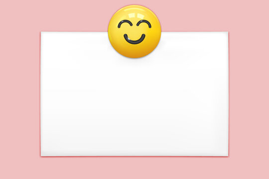 Smile Pin On Office Paper Sheet Or Sticky Sticker Isolated On A Pink Background. Vector Yellow Post Note With Cute Smiley Happy Face For Your Design
