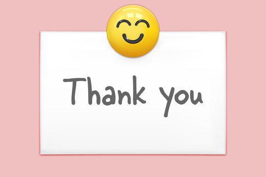 Thank You Text And Smile Pin On Office Paper Sheet Or Sticky Sticker Isolated On A Pink Background. Vector Yellow Post Note With Cute Happy Face For Your Design