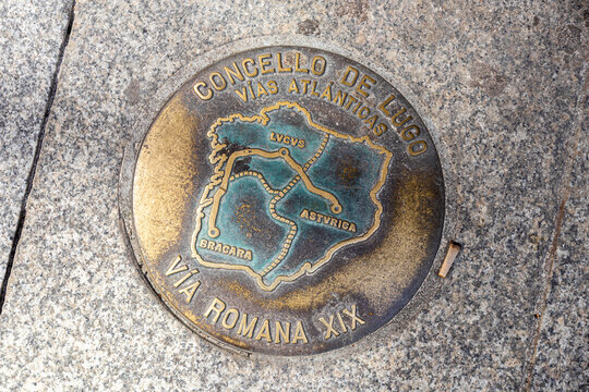 Lugo, Spain. Sign of the Via XIX, one of the ancient Roman roads that connected Lucus Augusti, Bracara Augusta and Asturica Augusta