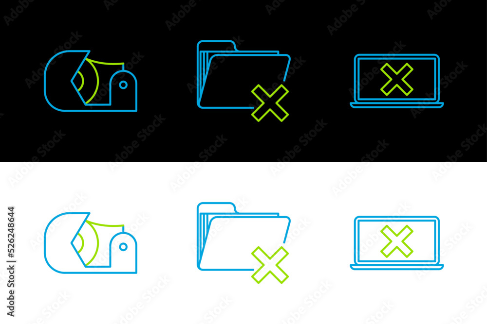 Poster set line laptop and cross mark on screen, scotch and delete folder icon. vector