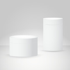 Cylinder package. White round empty paper box for food soup tea coffee vector isolated canister template