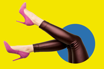 Female legs stacking in round on color geometrical background. Modern design, contemporary art...