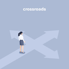 isometric vector illustration on a gray background, woman in business clothes stands at a crossroads in the form of arrows