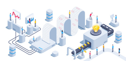 isometric vector illustration on a white background, data collection and processing conveyor line, people work in a team