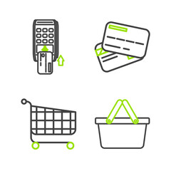 Set line Shopping basket, cart, Credit card and Pos terminal with inserted credit icon. Vector