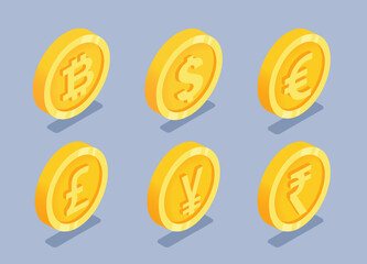 isometric vector illustration on a gray background, a set of gold coins with different icons of world currencies, money or finance