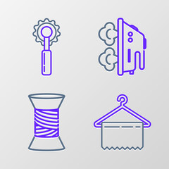 Set line Hanger wardrobe, Sewing thread on spool, Electric iron and Cutter tool icon. Vector