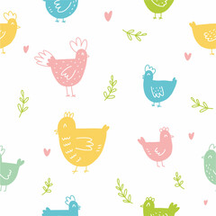 Hand-drawn pattern of cute chickens. Vector illustration of poultry drawn in the style of doodles.