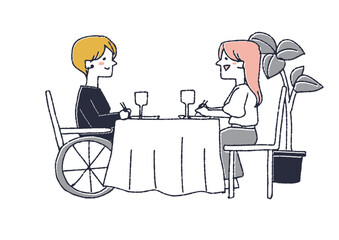 車椅子友人と一緒にレストランで食事を楽しむ女性　障害者を思いやる周りの人々や社会づくり - obrazy, fototapety, plakaty