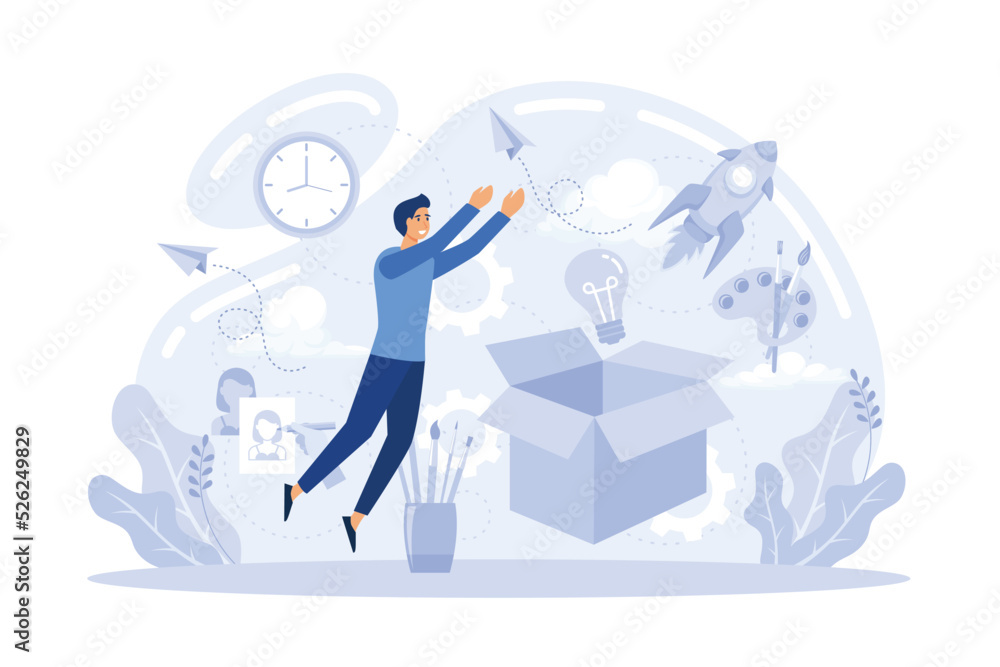 Aufkleber brain activity abstract concept vector illustration set. thinking and imagination, problem solving, 