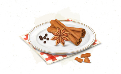 Cinnamon Sticks and flowers vector illustration with black pepper seeds