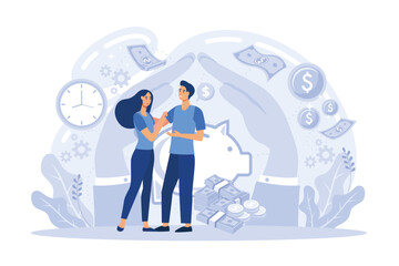 Families with children save money. Piggy bank with family money making concept.