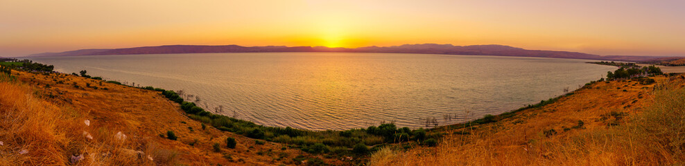 Panoramic sunset view of the Sea of Galilee, from Nukeib