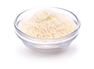 grated Parmesan cheese in glass bowl isolated on white background - Powered by Adobe