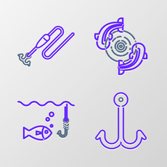 Set line Fishing hook, under water with fish, and line and float icon. Vector