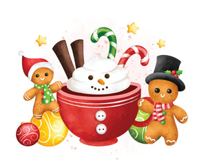 Watercolor Illustration Gingerbread and Christmas drink with Christmas ornaments