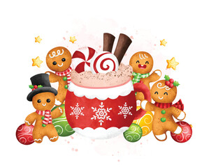 Fototapeta premium Watercolor Illustration Gingerbread and Christmas drink with Christmas ornaments