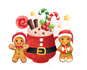 Watercolor Illustration Gingerbread and Christmas drink with Christmas ornaments